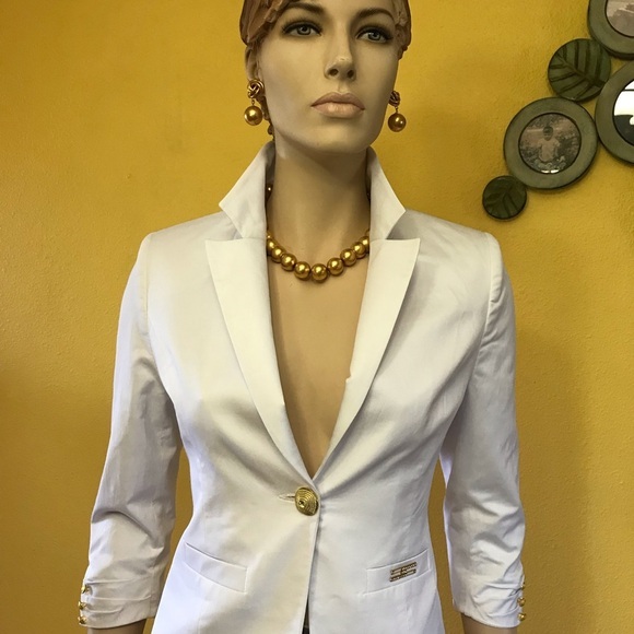NWT WOMEN 3/4 SLEEVES BLAZER WHITE ELEGANT JACKET LINED GOLD-TONE HARDWARE‎ - Picture 2 of 8